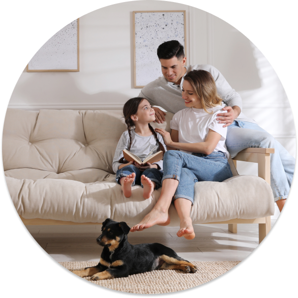 happy couple with their pet in a rental home